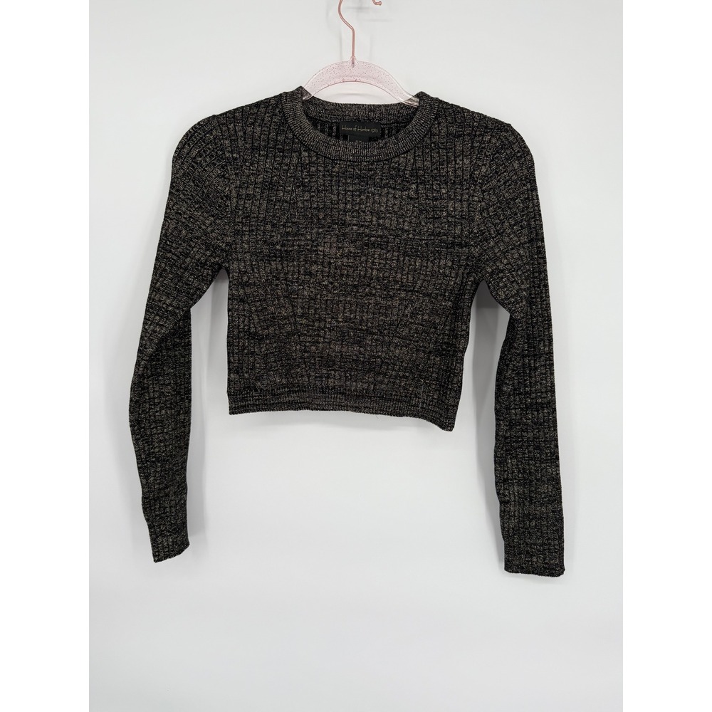 House of Harlow 1960 Black Gold Knit‎ Long Sleeve Cropped Sweater Top Sz M